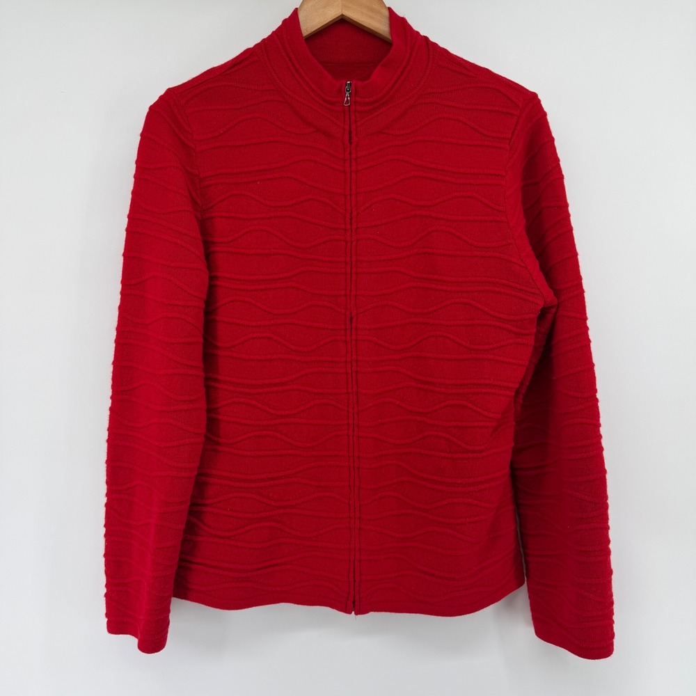 Coldwater Creek Red Wavy Textured Full Zip Cardigan Sweater Mock Neck Medium